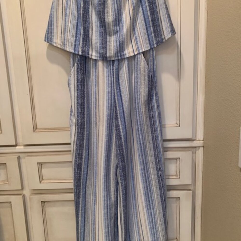 Bebop Blue Striped Popover Bodice Off Shoulder Cropped Jumpsuit, Size S